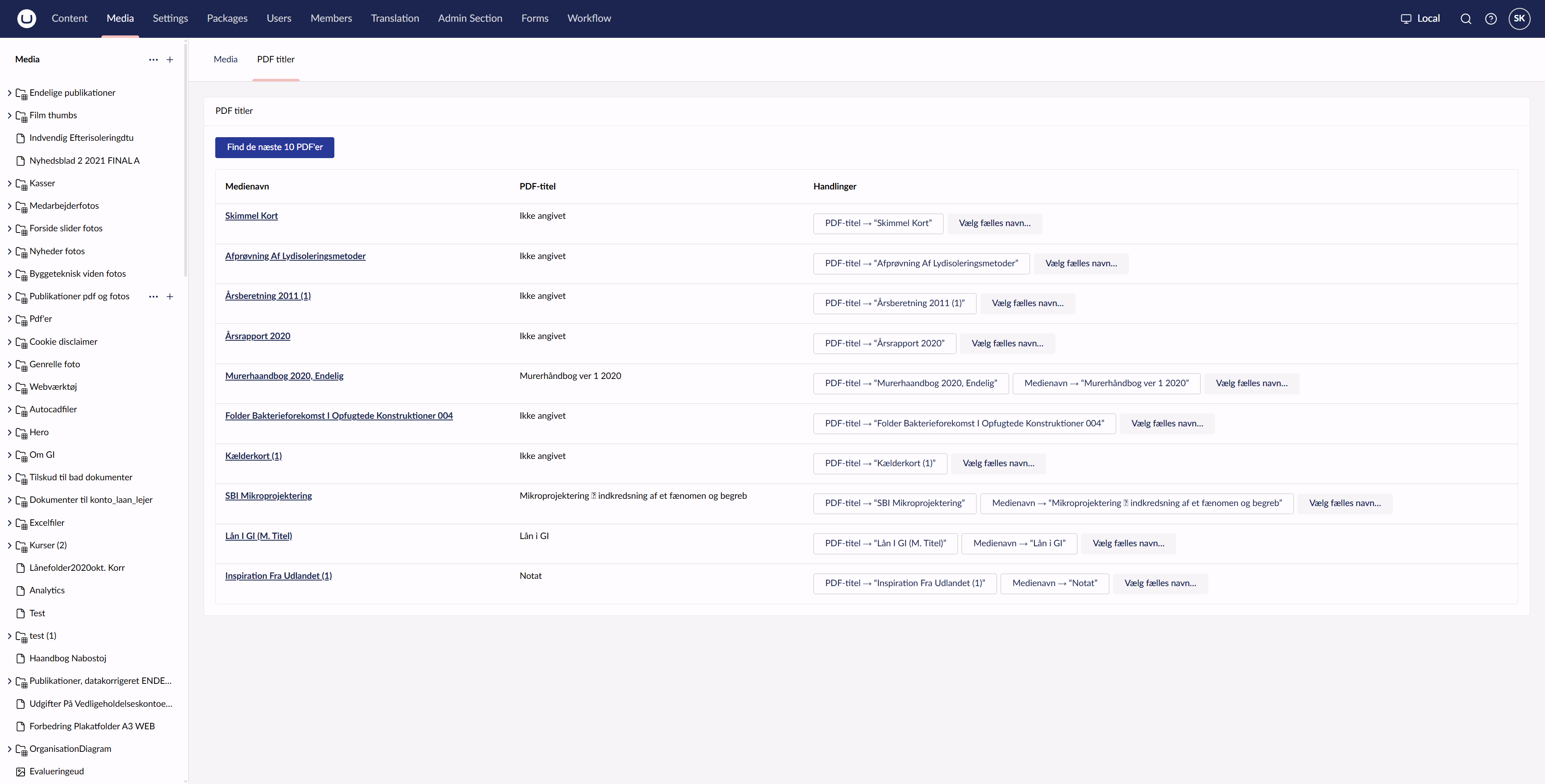 The PDF titles dashboard in Media, showing ten files with their media names, PDF titles, and correction actions