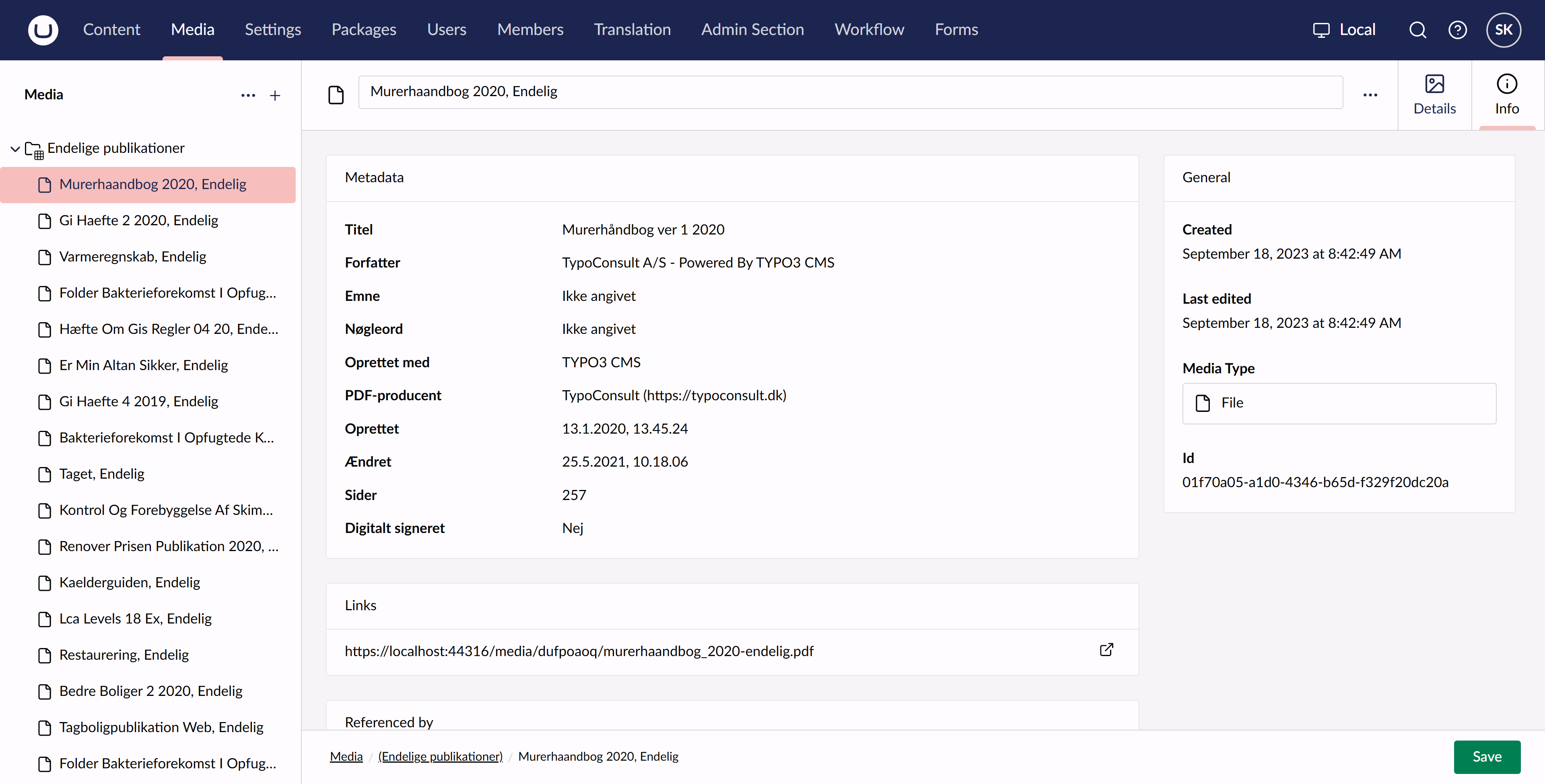 The media item's Info tab with a custom box showing the PDF title, author, other metadata, page count, and digital signature status