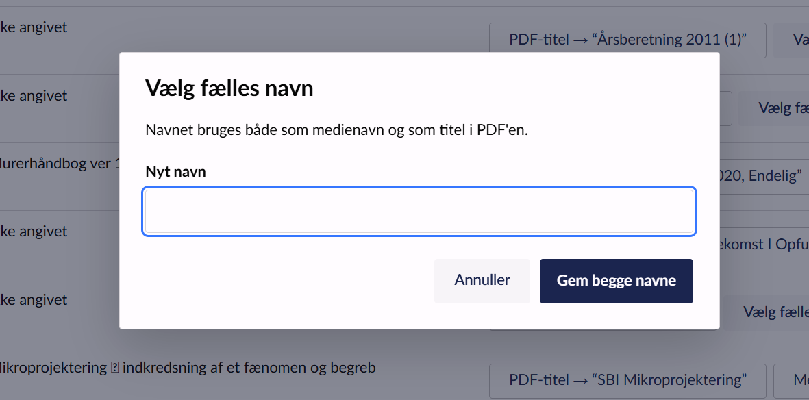 The dialog for entering a shared name for the Umbraco media item and the PDF title