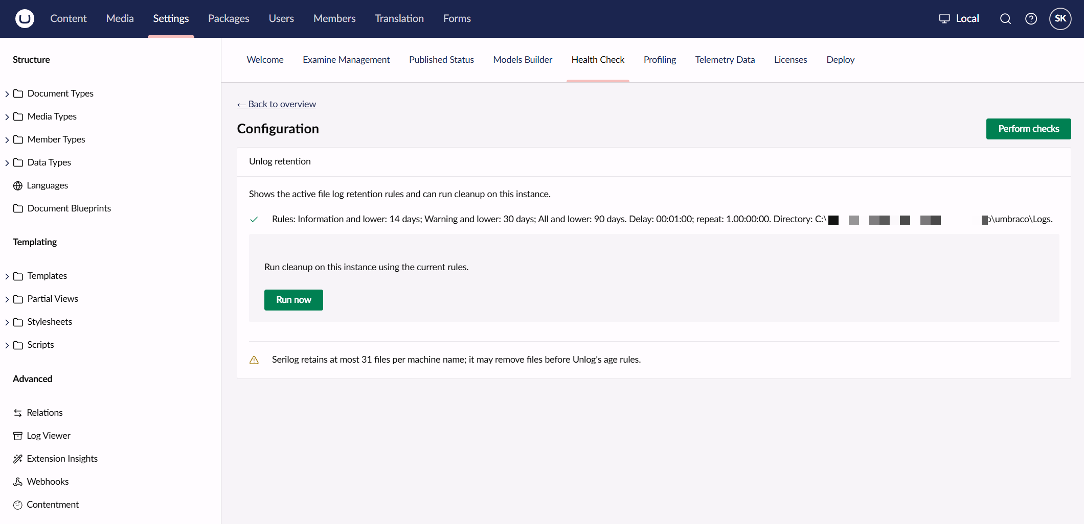 Unlog Health Check showing the active retention rules and Run now action