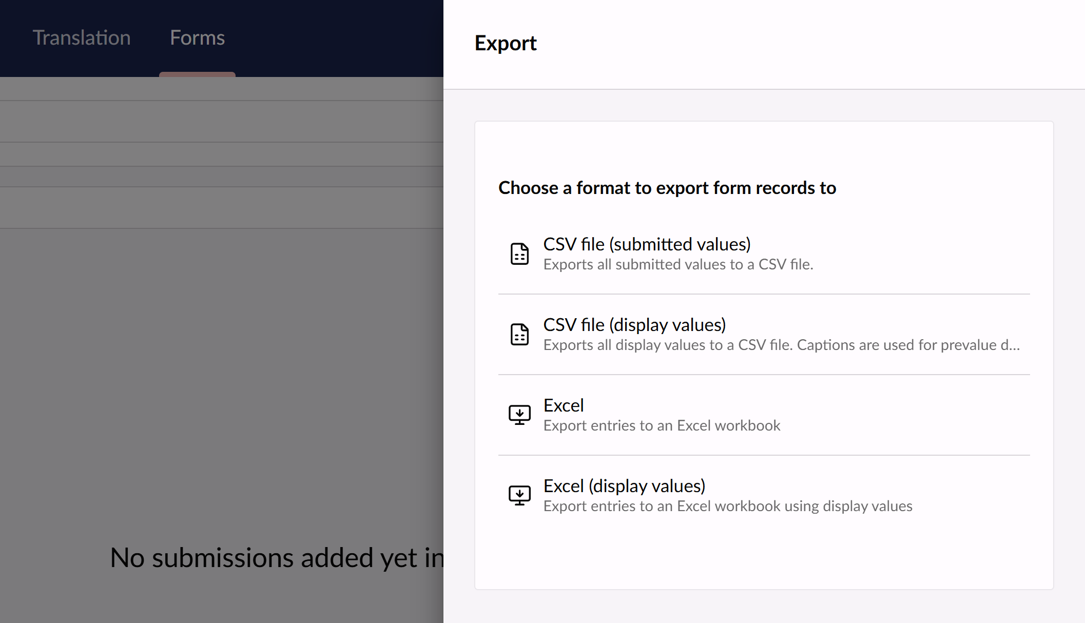 Excel export types available from the default export action in Umbraco Forms