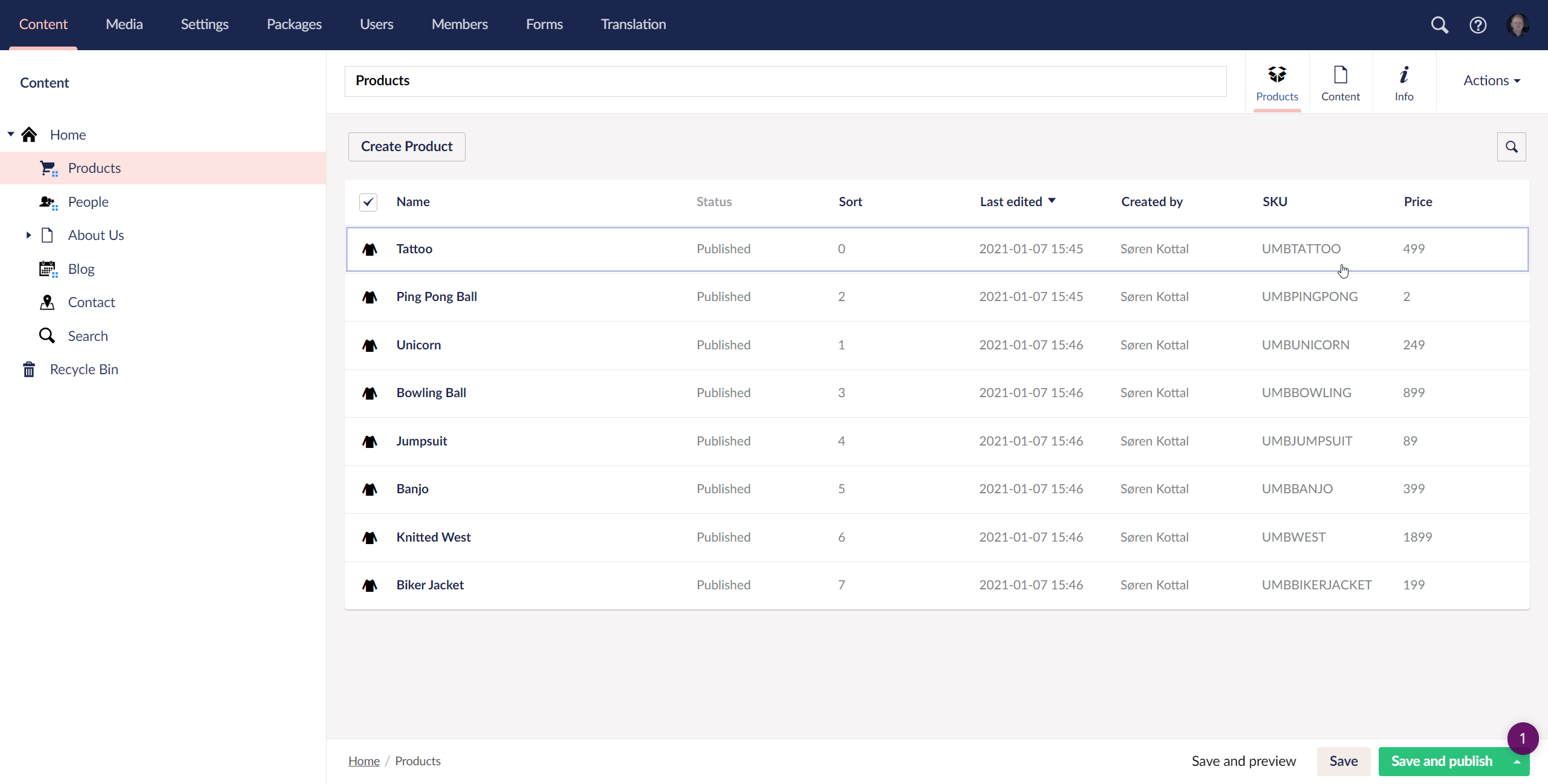 Umbraco List view of products