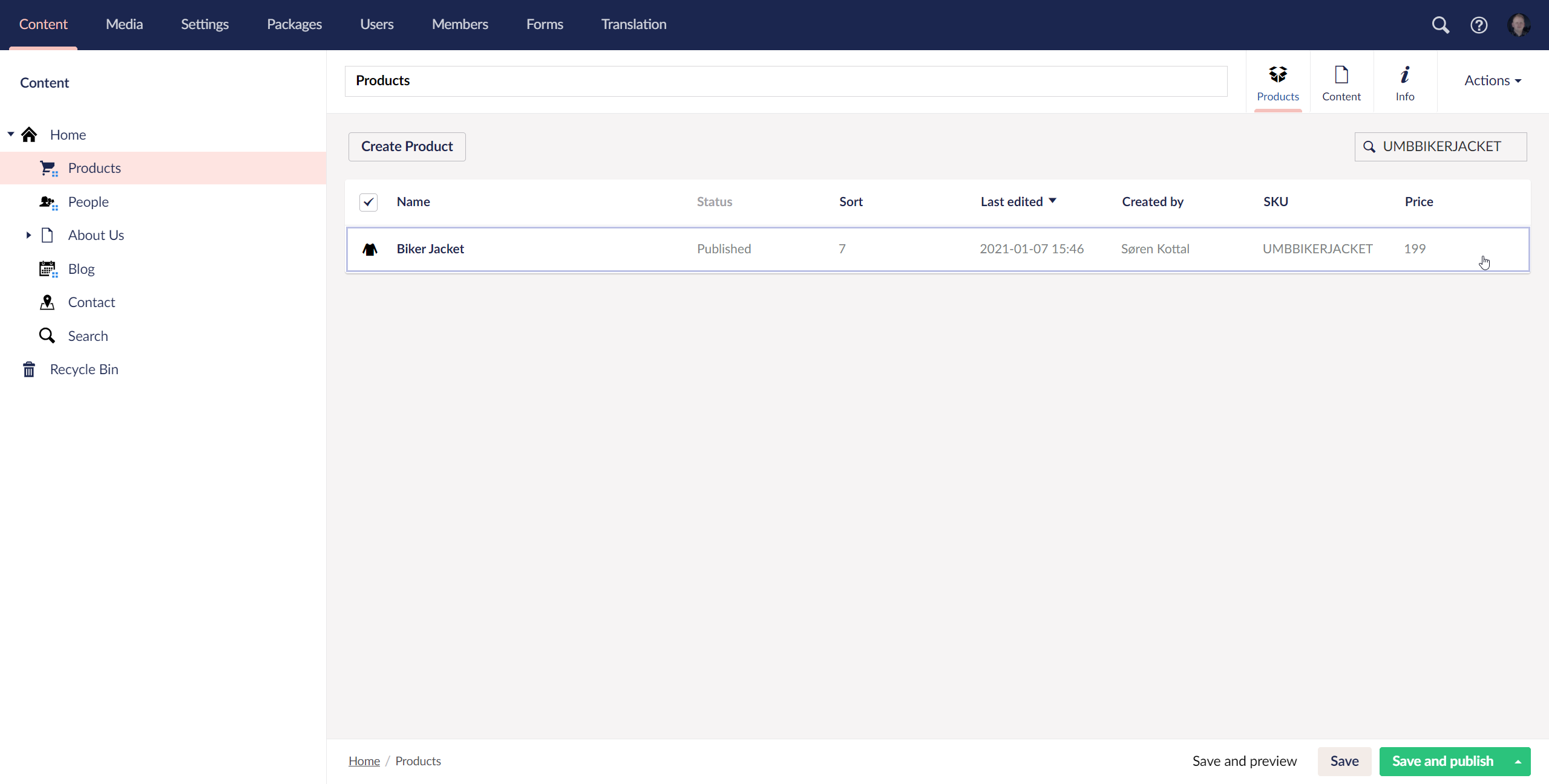 Umbraco List View where searching for a SKU returns a product node