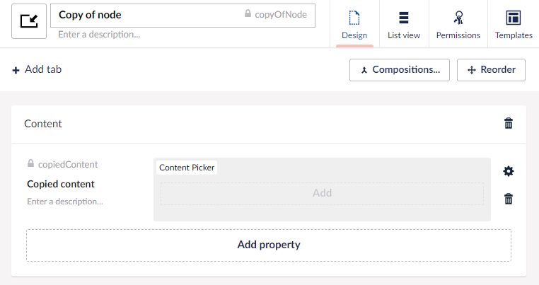 Screenshot of the Content Type editor in Umbraco editing the Content Type named Copy Of Node, containing a content picker, where the editor can pick the page to copy.