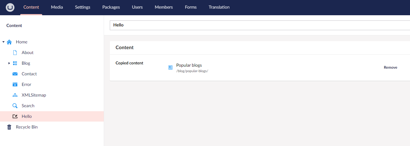 Screenshot of the content editor in Umbraco edited the node of type Copy of a node, referencing a blog post