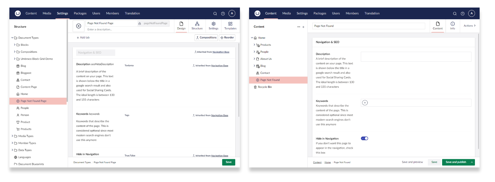 Screenshot of Umbraco setup containing a content type for the Not Found Page, and the Not Found page itsefl