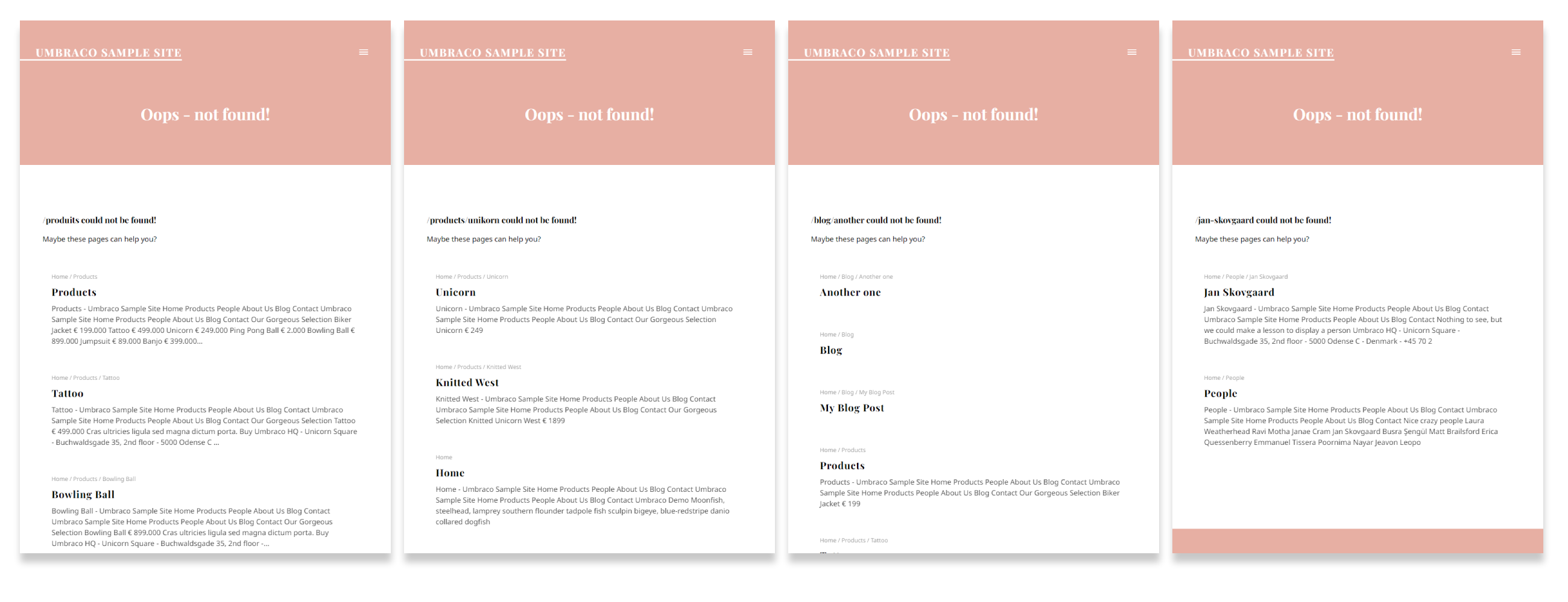 Screenshots of the Not Found Page in action on four different non-existing pages