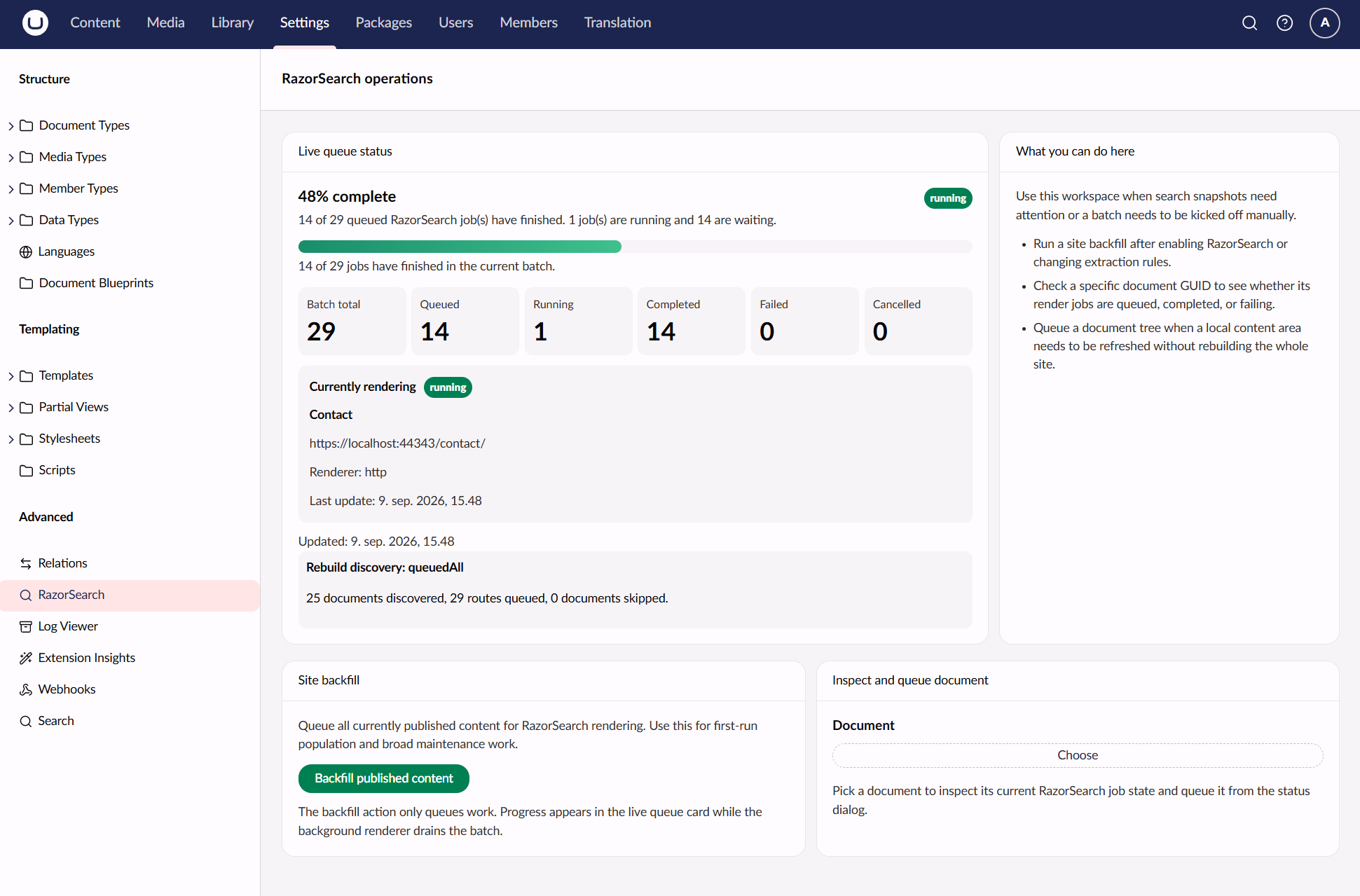 RazorSearch operations view showing an active rendering batch