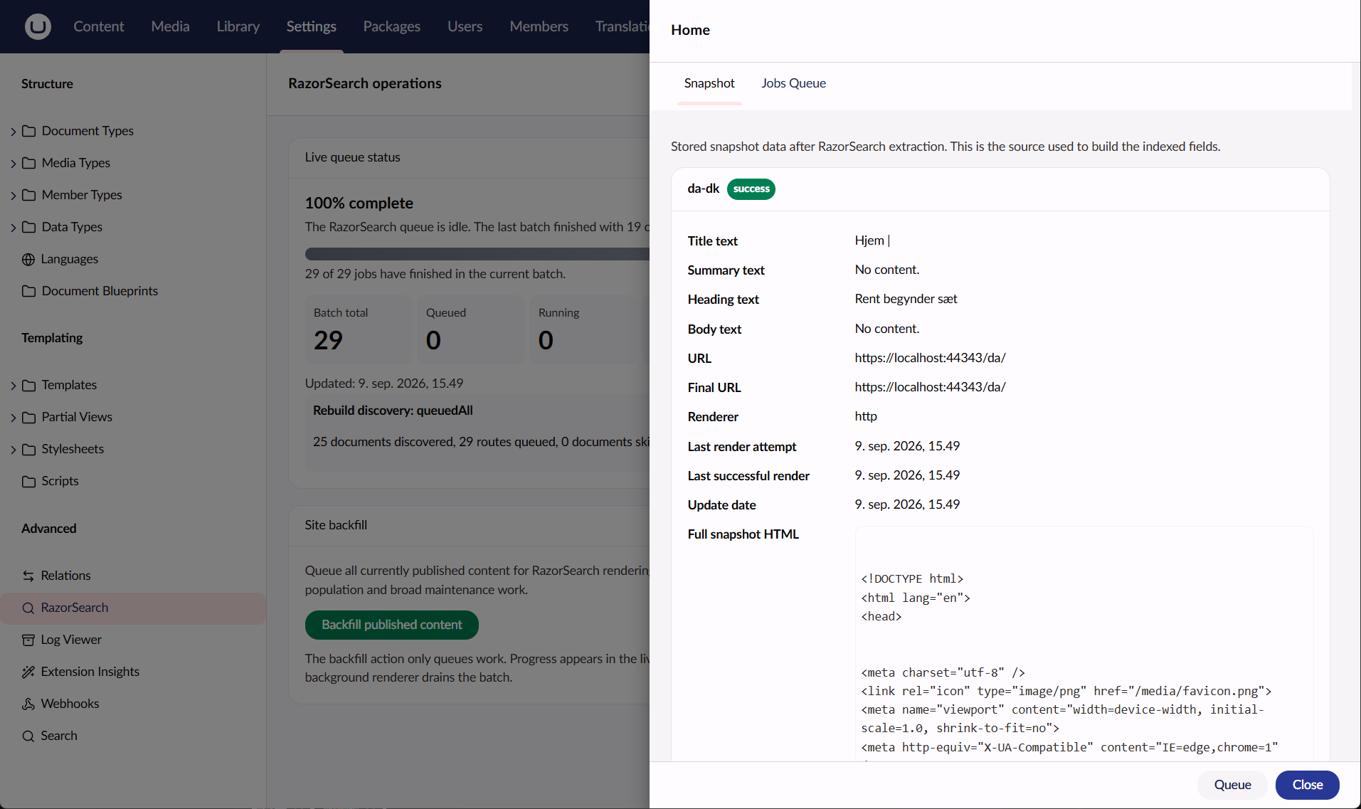 RazorSearch snapshot details showing the Danish title, heading and rendering status, with empty summary and body fields