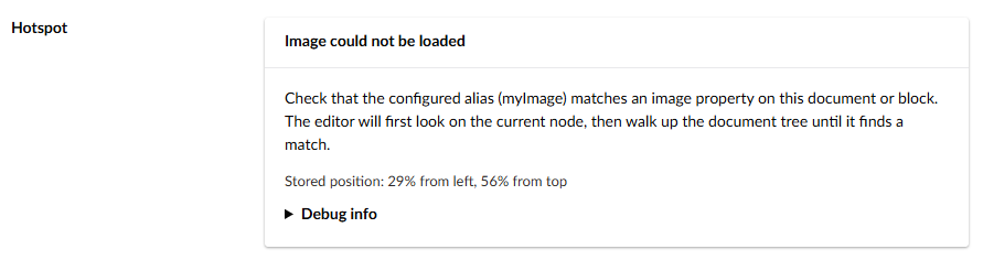 The hotspot editor warning state when the image property alias is not found