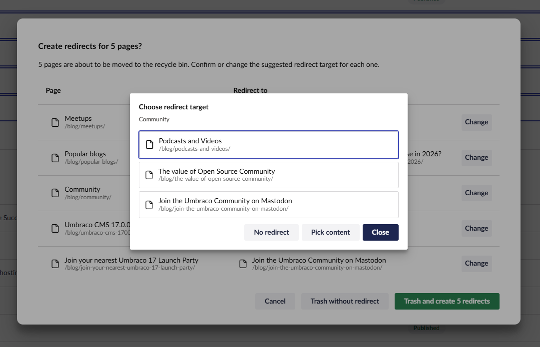 Changing the redirect for an individual item in a bulk operation