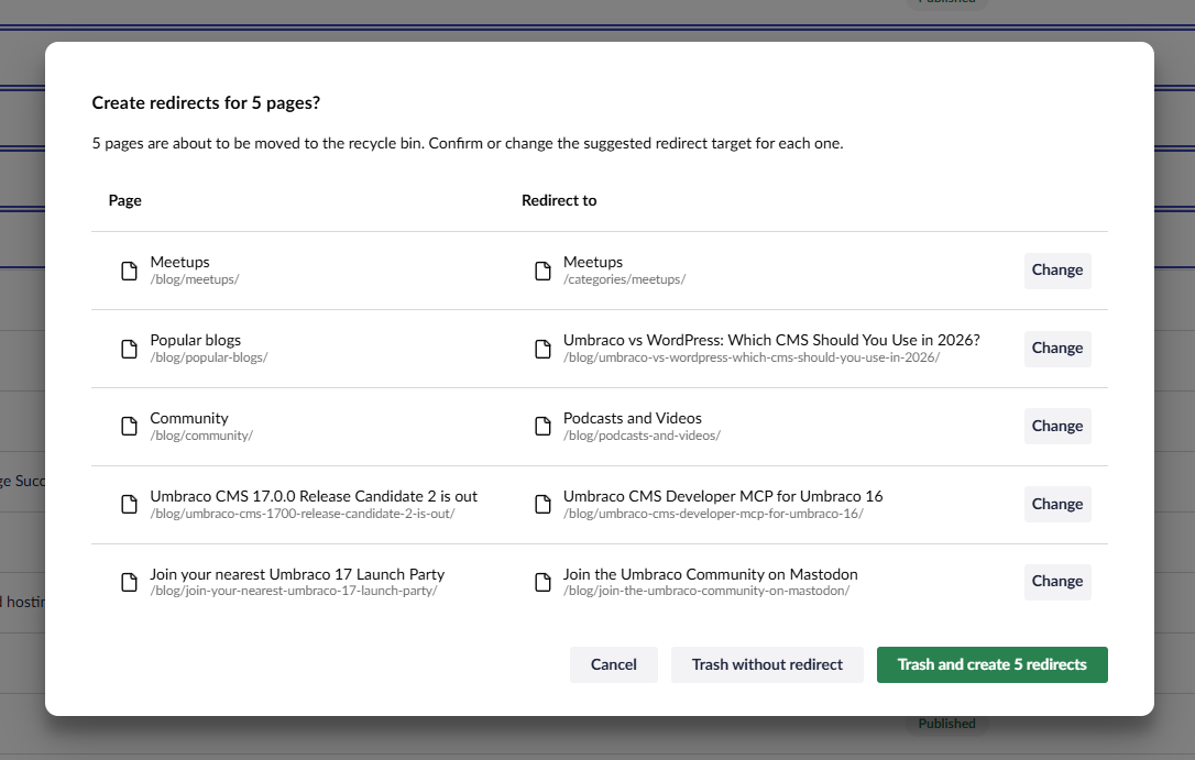 Multiple trashes with suggested redirects