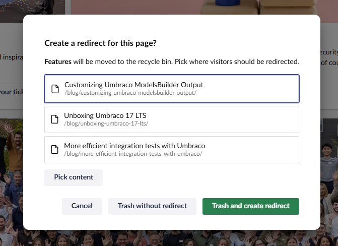 Single trash with suggested redirect