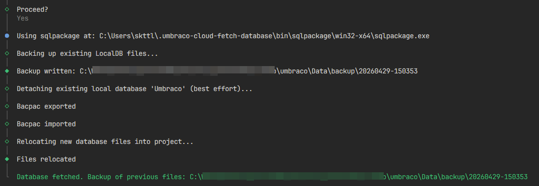 umbraco-cloud-fetch-database exporting the bacpac and swapping the LocalDB files