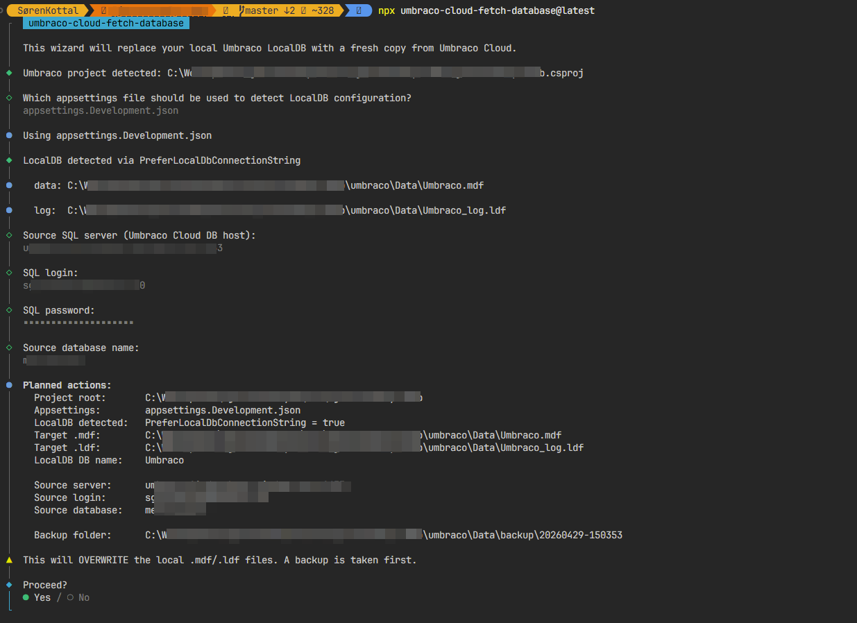 The umbraco-cloud-fetch-database wizard prompting for the source database details